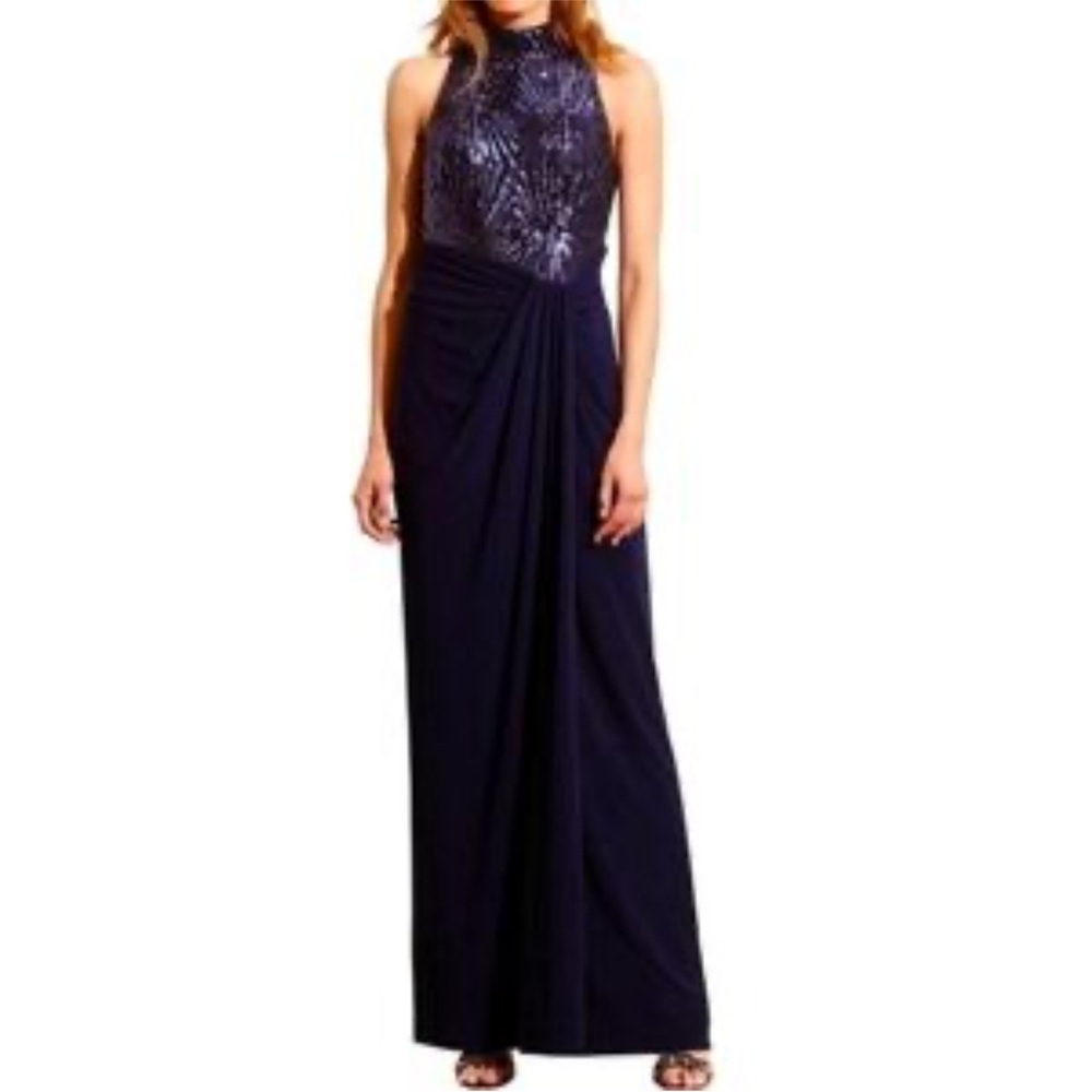 Ralph Lauren Sequin Bodice Mock Neck Navy Blue Gown Gathered Ruched Size 6